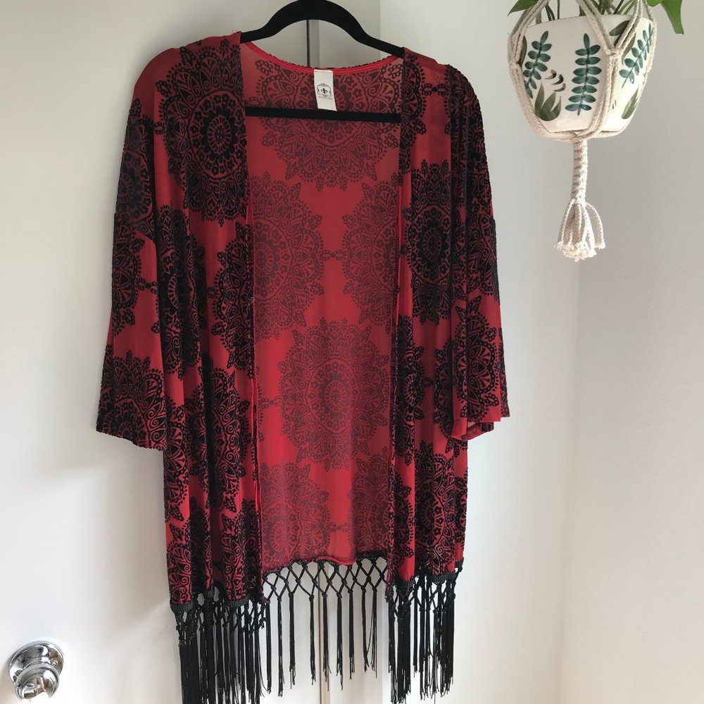 Red Kimono with Fringe & Velvet Detail